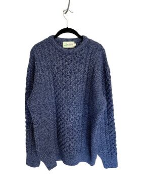 Original Aran Co. unisex merino wool Irish cable knit fisherman sweater L blue
